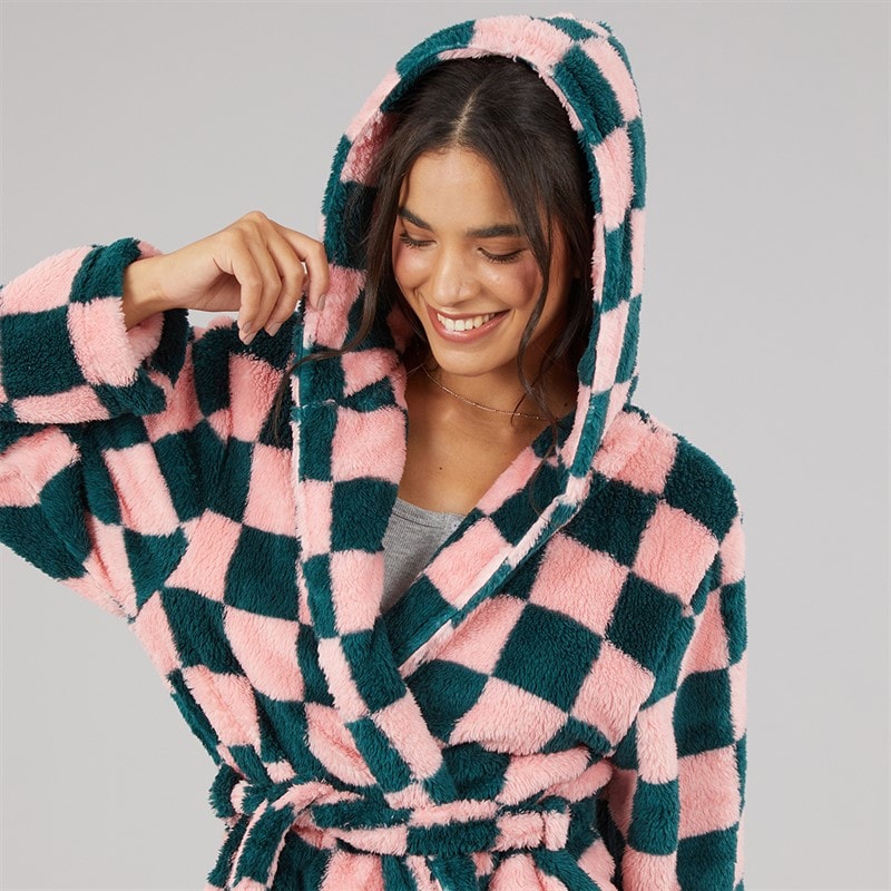 Dames wellsoft geruite gewatteerde badjas met capuchon Roze/Groen Check - Afbeelding 5