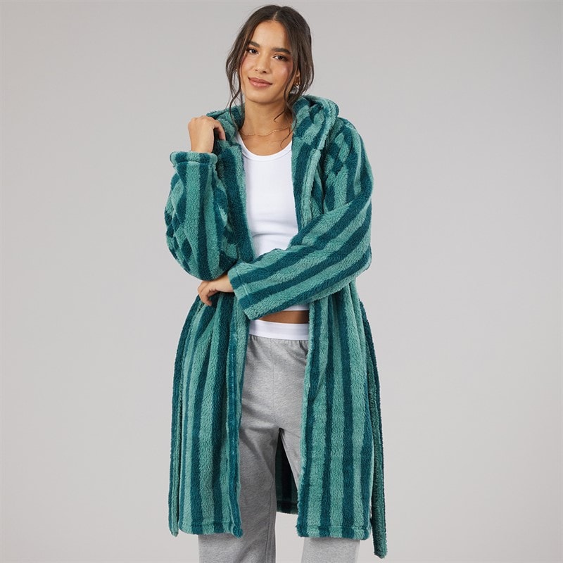 Damen - Wellsoft Gestreifter Kapuzenbademantel Green Stripe - Bild 3