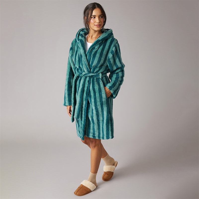 Damen - Wellsoft Gestreifter Kapuzenbademantel Green Stripe - Bild 4