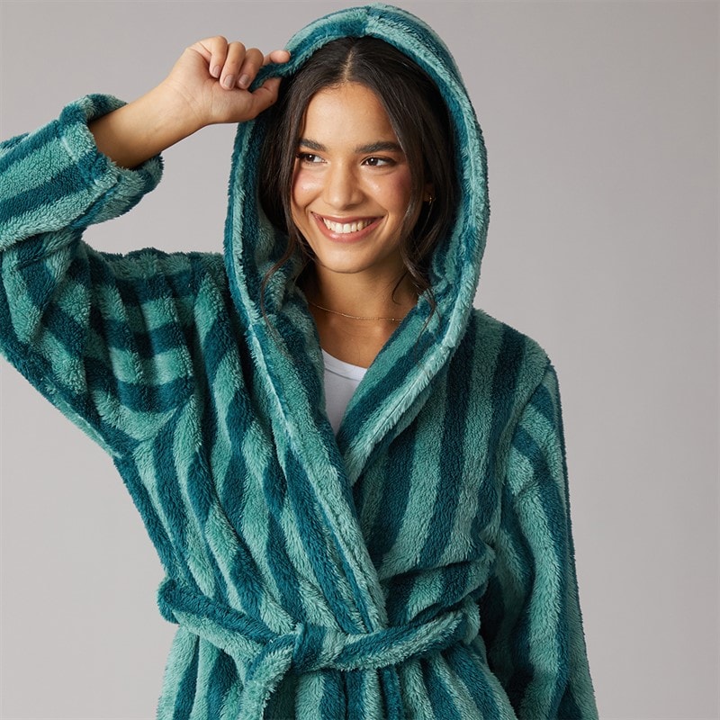 Damen - Wellsoft Gestreifter Kapuzenbademantel Green Stripe - Bild 5