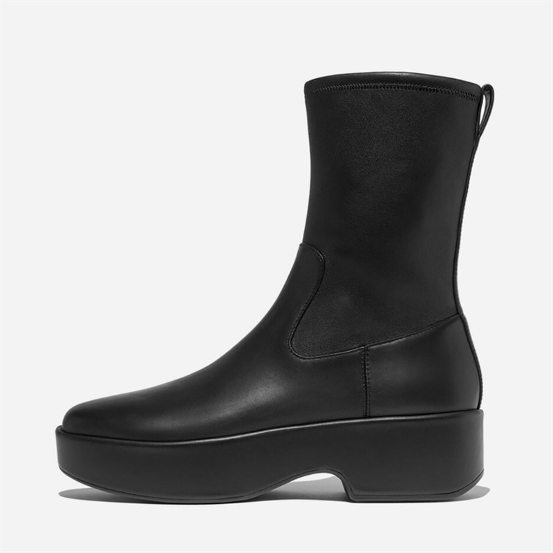 Damen - F-Luma Stretch Leder Demi-Keilabsatz Mid-Calf Stiefel Schwarz - Bild 1