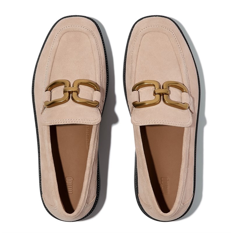 Damskie loafersy zamszowe na półkoturnie z kwadratowym łańcuchem Classic Beige – zdjęcie  2
