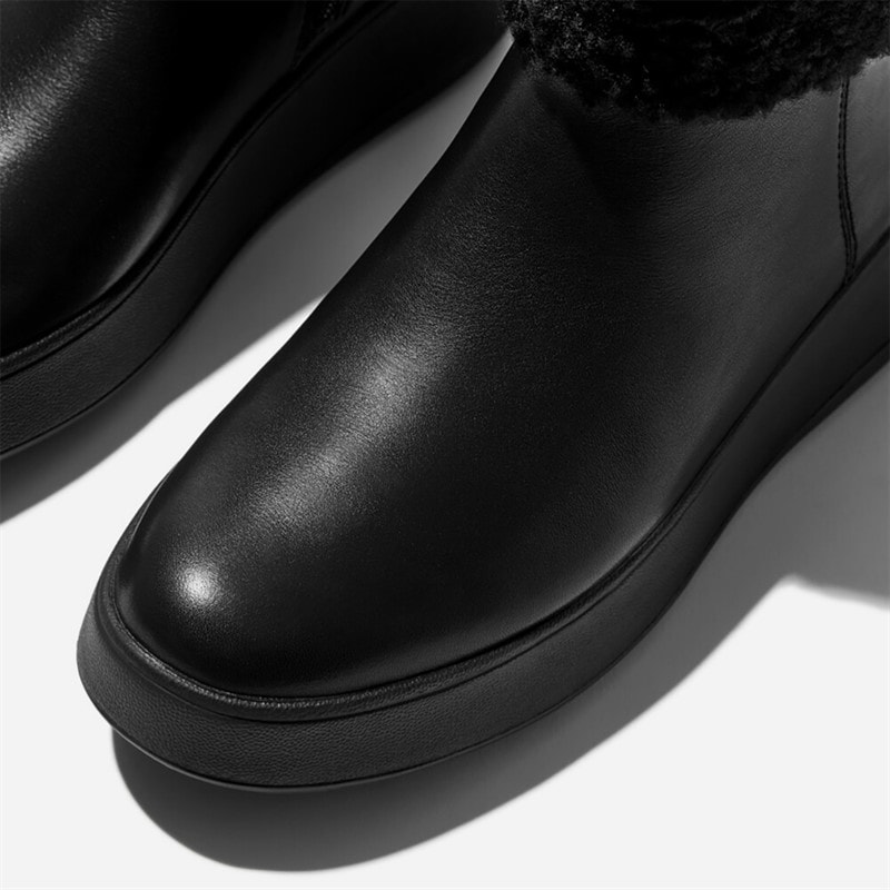 Damen - F-Mode Reißverschluss Stiefeletten mit Lammfellkragen All Black - Bild 3
