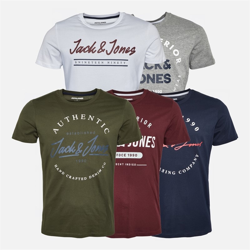JACK & JONES Heren urban crew neck five pack t-shirts - Olive Night/Wit/Lichtgrijs Melange/Navy Blazer - Afbeelding 1