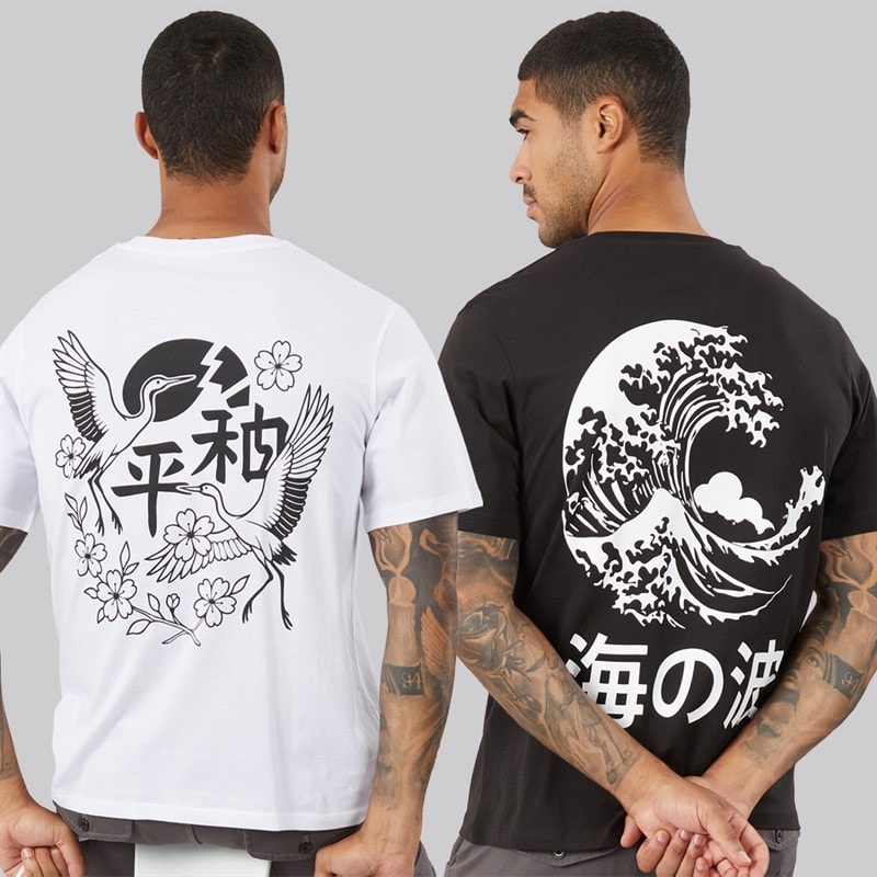 Heren yuto print tweepack t-shirts / zwart Wit/Zwart - Afbeelding 1
