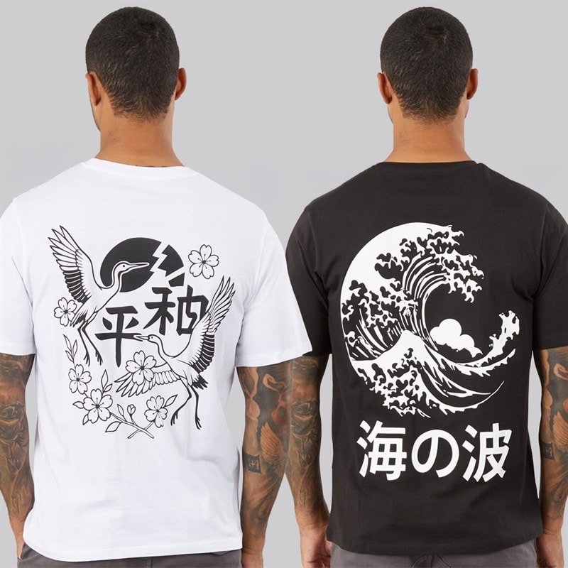 Heren yuto print tweepack t-shirts / zwart Wit/Zwart - Afbeelding 3
