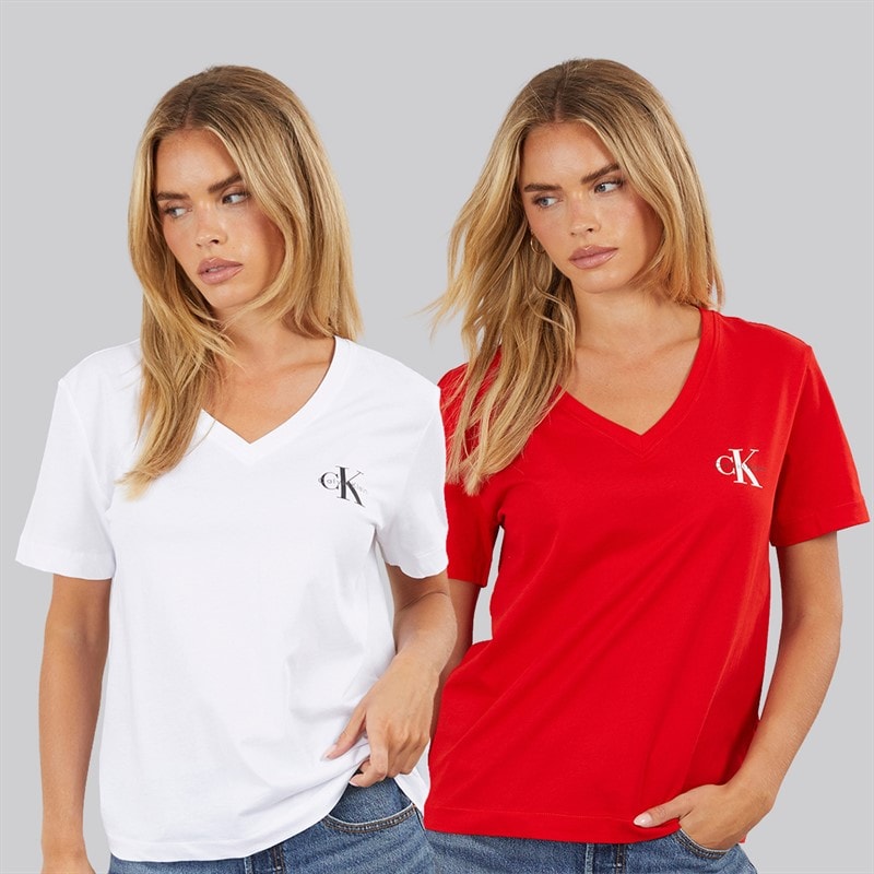 Calvin Klein Jeans Lot de deux t-shirts à col en V avec logo femmes - Adrenaline Rush/Blanc brillant