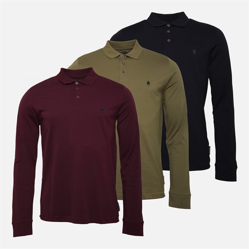 French Connection Herren - Langarm-Poloshirts Dreierpack - Multi - Marine/Khaki/Chateaux