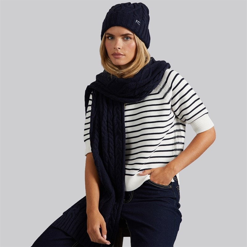 French Connection Damskie zestaw szalik z warkoczowym splotem i czapka beanie - Midnight/Paradise Blue