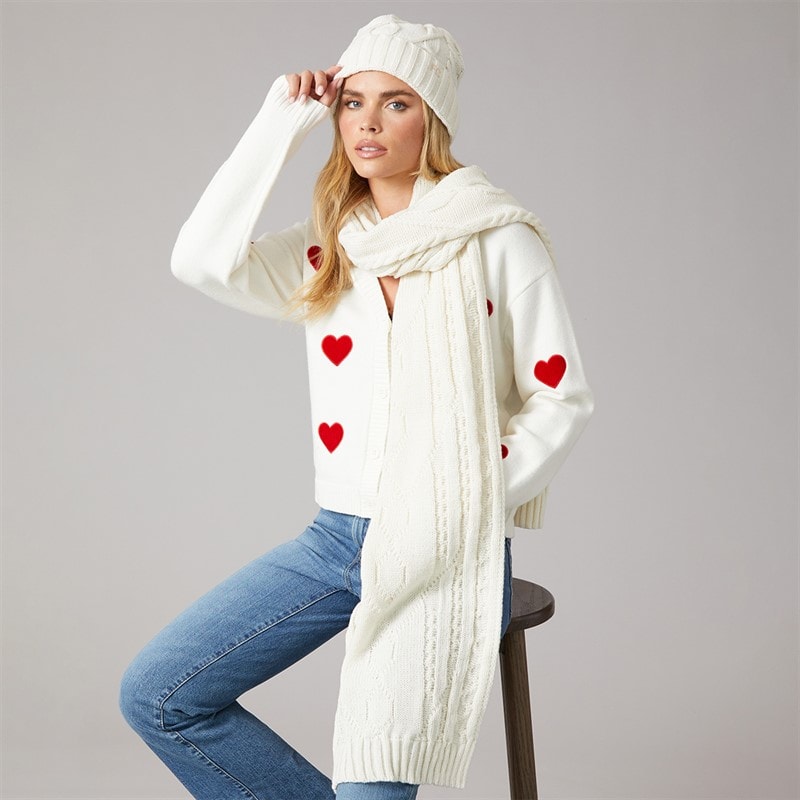 French Connection Damskie zestaw szalik z warkoczowym splotem i czapka beanie - Winter White/Kamel