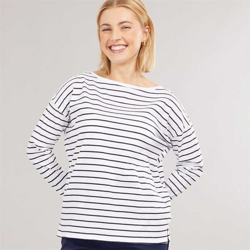 French Connection Damen - Breton Gestreiftes Langarm-T-Shirt - Weiß/Midnight