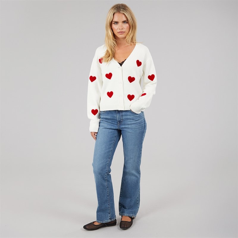 Damen - Herz-Applikations-Cardigan Winter White/Lippenstift Rot - Bild 4