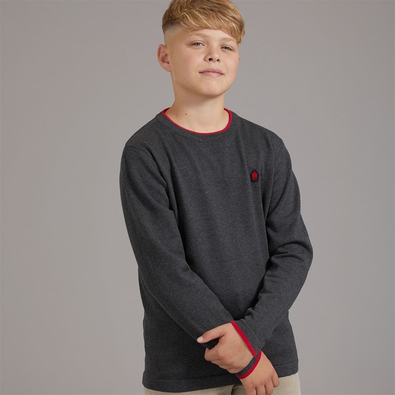 French Connection Jungen - Schlichter Gerippter Strickpullover mit Kontrastkante - Charcoal Melange/Rot
