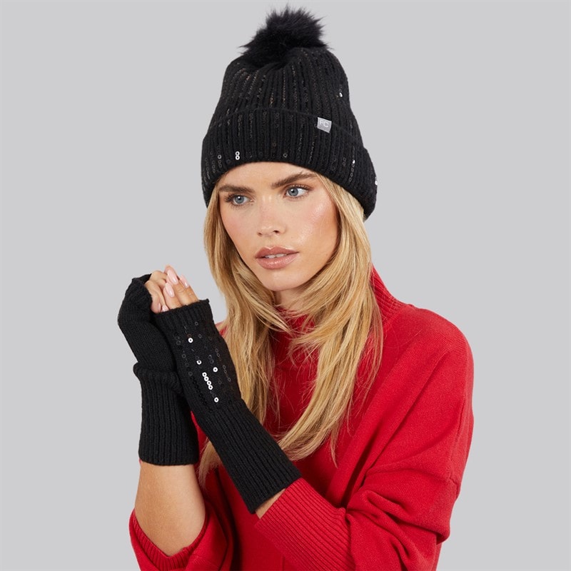 Ensemble de gants à sequins et bonnet à pompon femmes Noir - Image 1