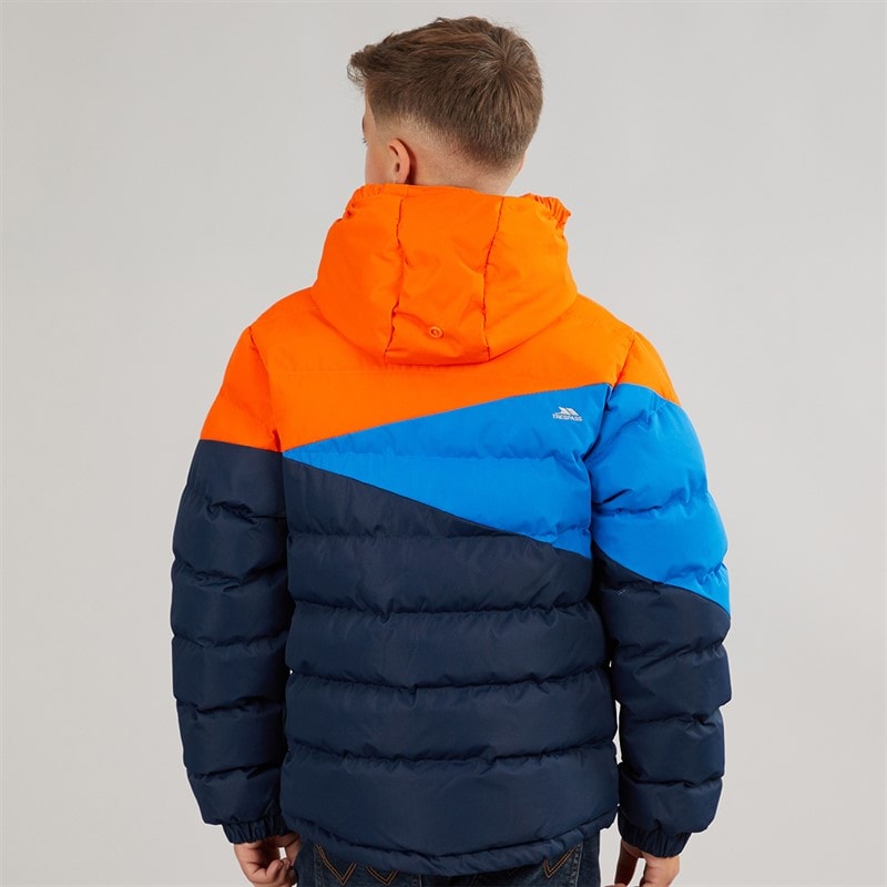 Junior Jongens waterdichte gevoerde jas met capuchon Navy/Hot Orange/Blauw - Afbeelding 2