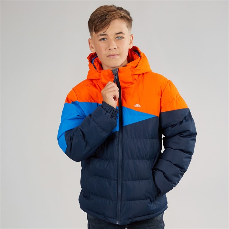 Junior Jongens waterdichte gevoerde jas met capuchon Navy/Hot Orange/Blauw - Afbeelding 3
