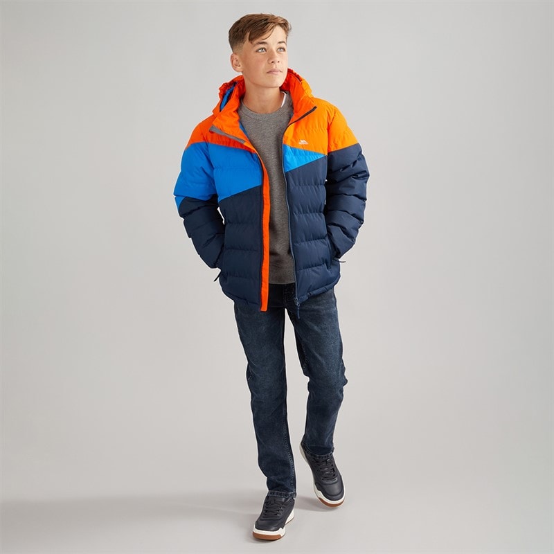 Junior Jongens waterdichte gevoerde jas met capuchon Navy/Hot Orange/Blauw - Afbeelding 4