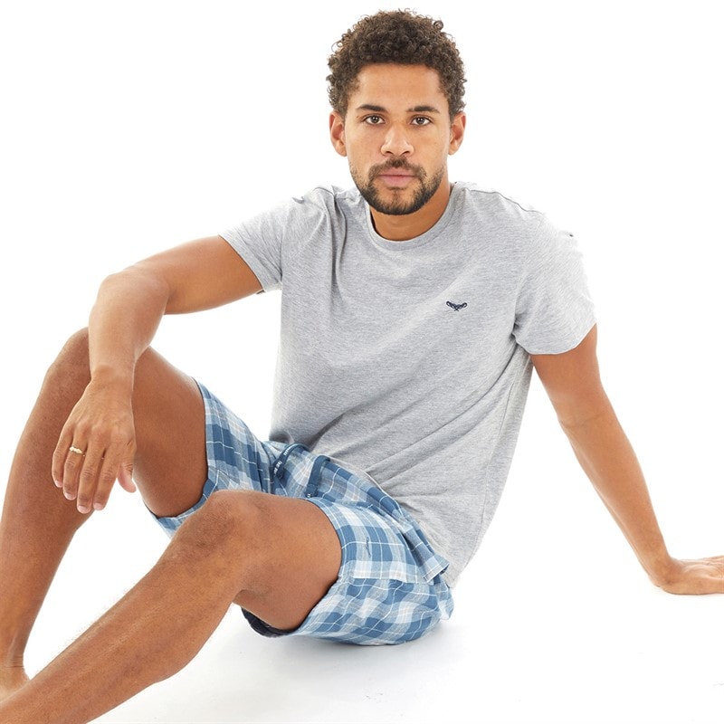 THREADBARE Mężczyźni komplet piżamy Lopez koszulka i szorty - Grey Marl/Hellblau Check