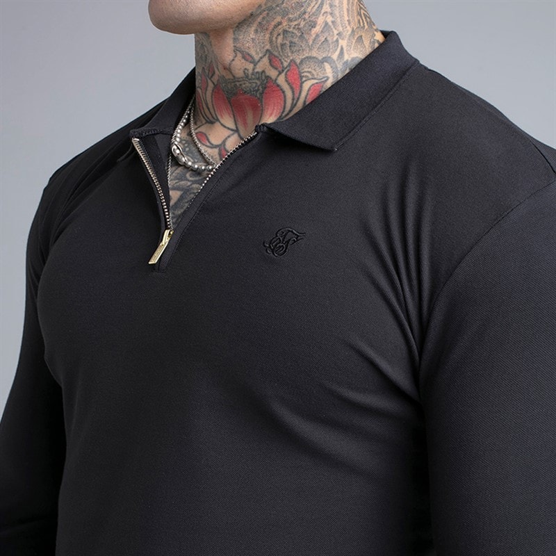 Herren - Langarm Zip-Polo-Shirt Schwarz - Bild 3