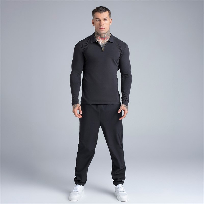 Herren - Langarm Zip-Polo-Shirt Schwarz - Bild 4