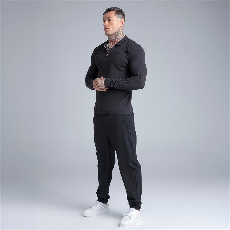 Herren - Langarm Zip-Polo-Shirt Schwarz - Bild 5
