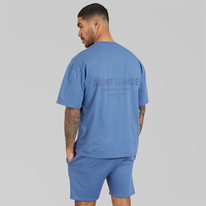 Avant Garde Heren Creatieve T-shirt En Korte Broek Set Indigo Blue - Afbeelding 2