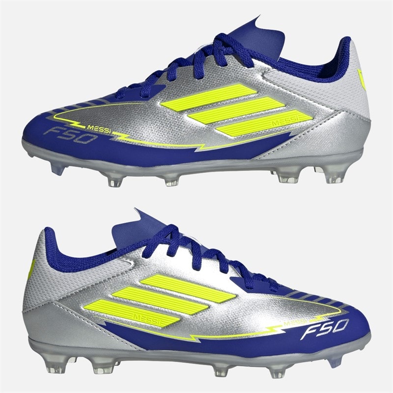 adidas Junior F50 League Messi FG/MG Firm/multi Ground Voetbalschoenen Silver Metallic/Solar Yellow/Lucid Blue