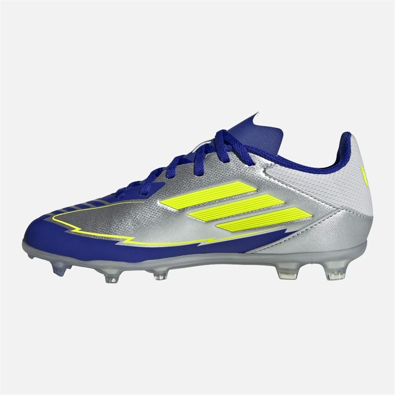 adidas F50 Liga Messi FG/MG buty piłkarskie do gry na twardej nawierzchni/wielofunkcyjne dla juniorów kolor Silver Metallic/Solar Yellow/Lucid Blue – zdjęcie  5