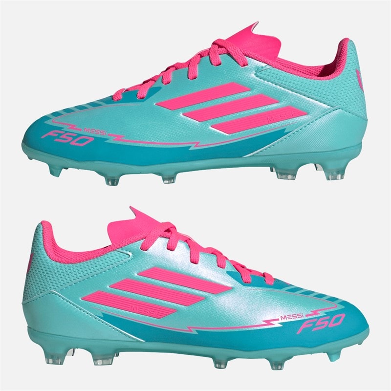 adidas Junior F50 League Messi FG/MG Firm/multi Ground Voetbalschoenen Flash Aqua/Lucid Pink/Lucid Cyan