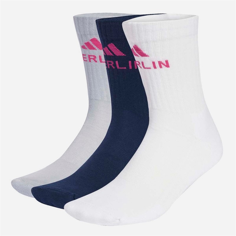 adidas Chaussettes de course BMW Berlin Marathon 2025 par trois équipage Blanc/Halo Silver/Collegiate Navy