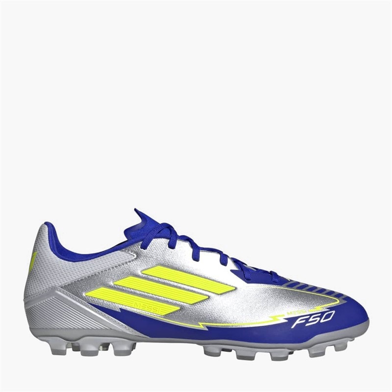 adidas Herren F50 Liga Messi La Vida Rapida AG Kunstrasen Fußballschuhe Silver Metallic/Solar Yellow/Lucid Blue