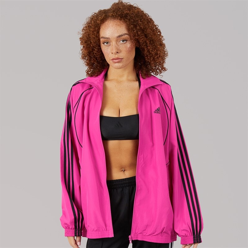 adidas Originals Damen Teamgeist Adicolor Oversized Gewebtes Durchgehendes Reißverschluss Trainings Oberteil Semi Lucid Fuchsia/Schwarz
