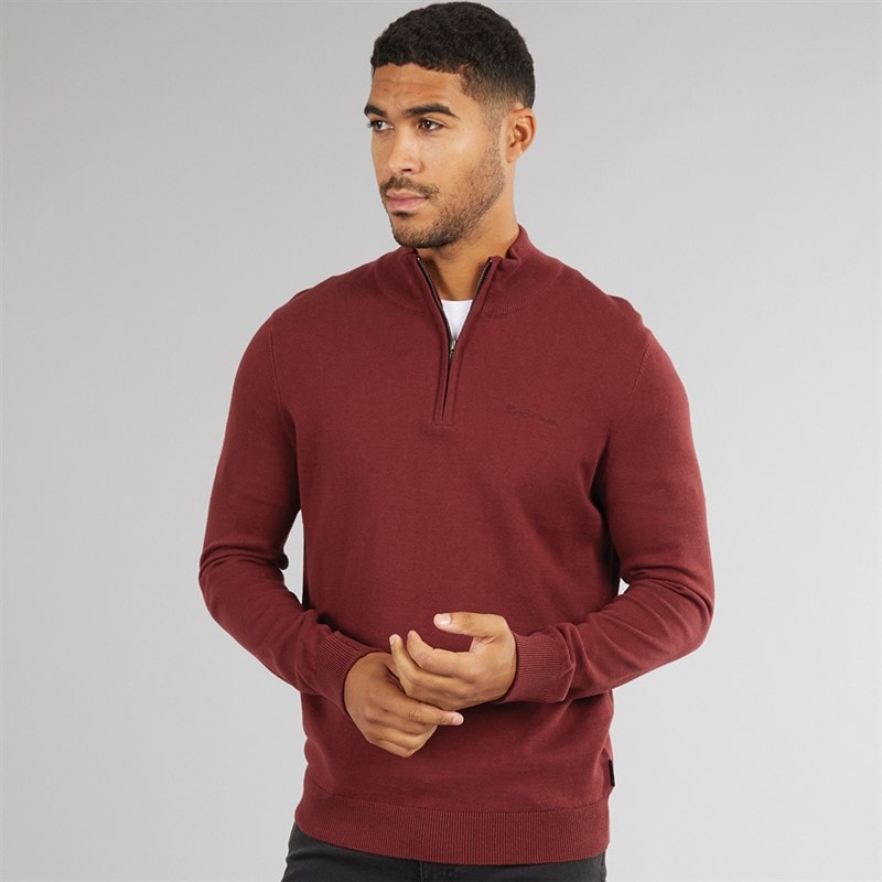 Ben Sherman Heren 1/4 Rits Trechter Hals Trui Wijn - Afbeelding 1