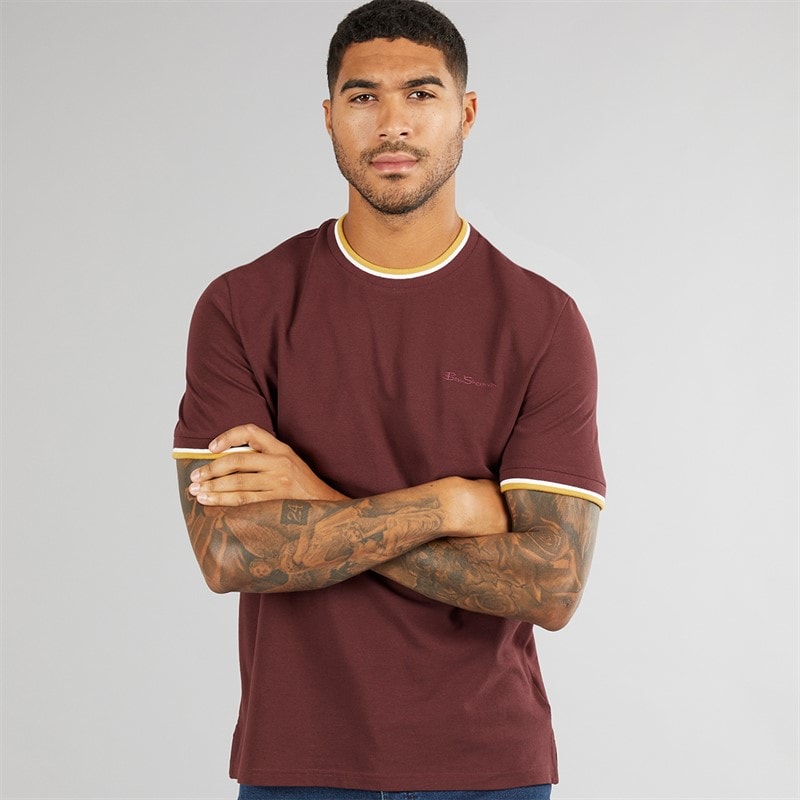 Ben Sherman Heren Pique Ringer T-Shirt Wijn
