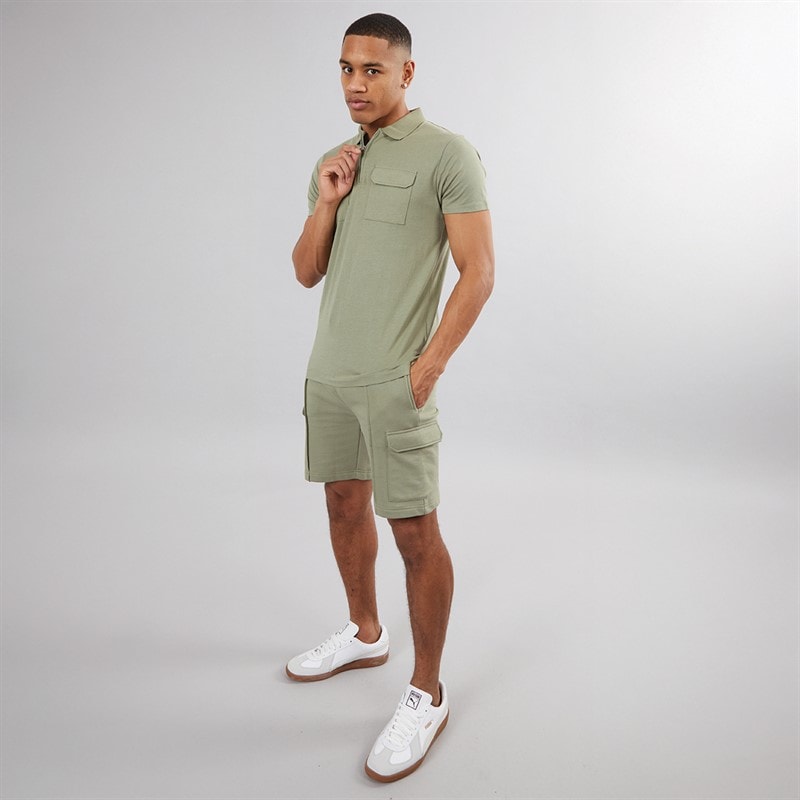Brave Soul Heren Hubble Polo Shirt en Shorts Set Washed Sage - Afbeelding 3