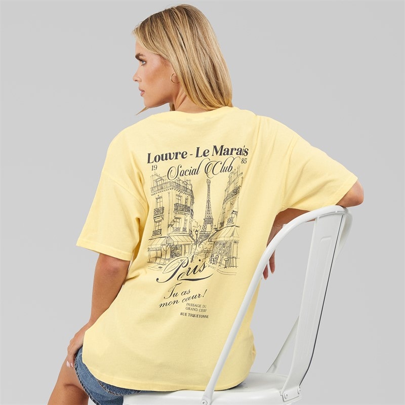 Brave Soul Dames Louvre T-shirt Geel/Blue Body/Print