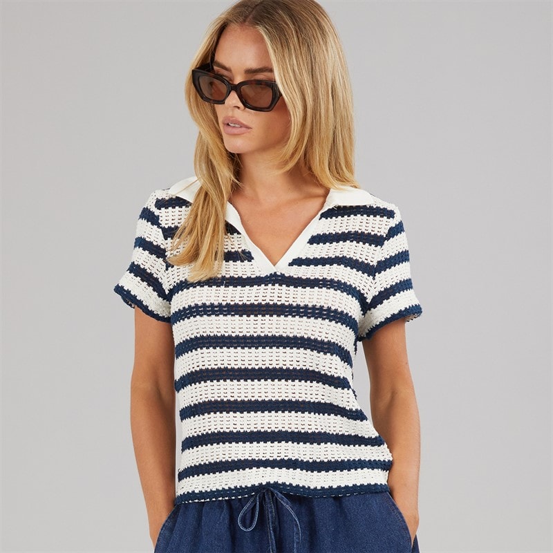 Brave Soul koszulka polo w paski dla niej kolor Cream/Navy – zdjęcie  3