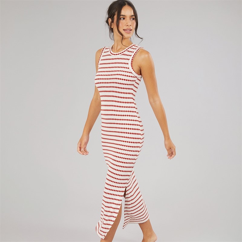 Brave Soul Dames Lynus Getextureerde Maxi Jurk Cream/Rood - Afbeelding 1