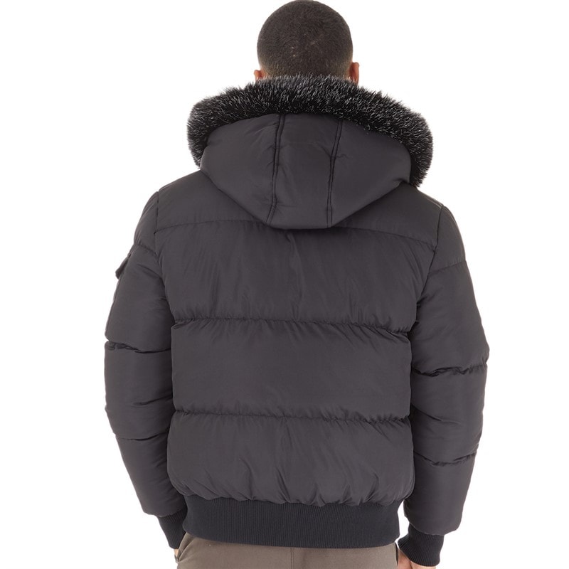 Closure London Heren Pelz Kapuze Puffer Jacke Schwarz - Afbeelding 2