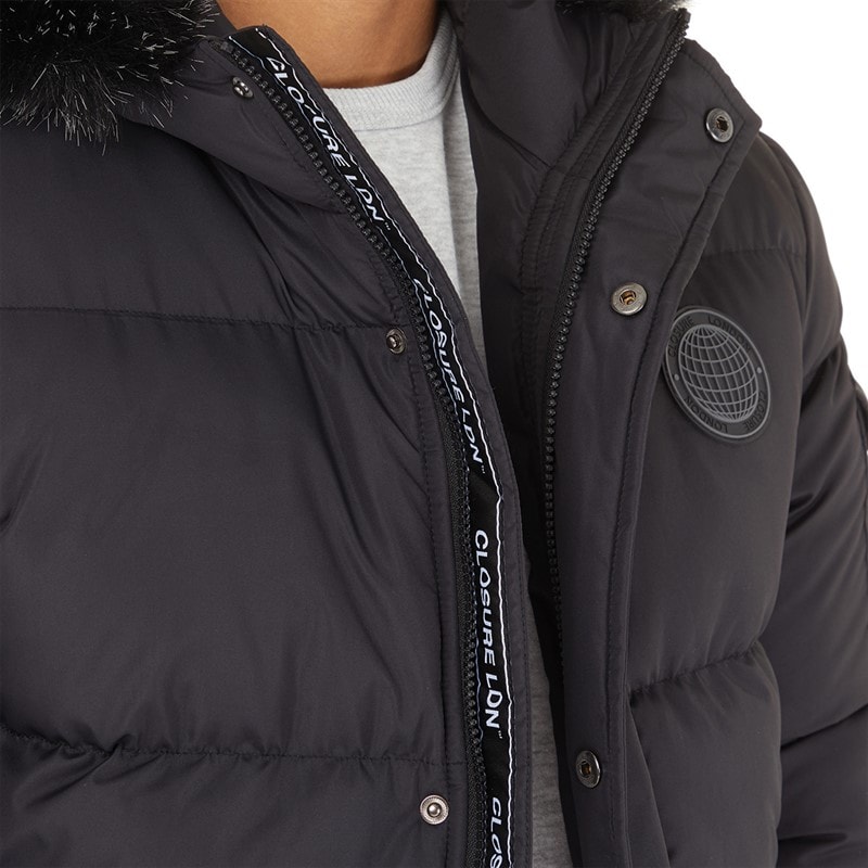 Closure London Heren Pelz Kapuze Puffer Jacke Schwarz - Afbeelding 3