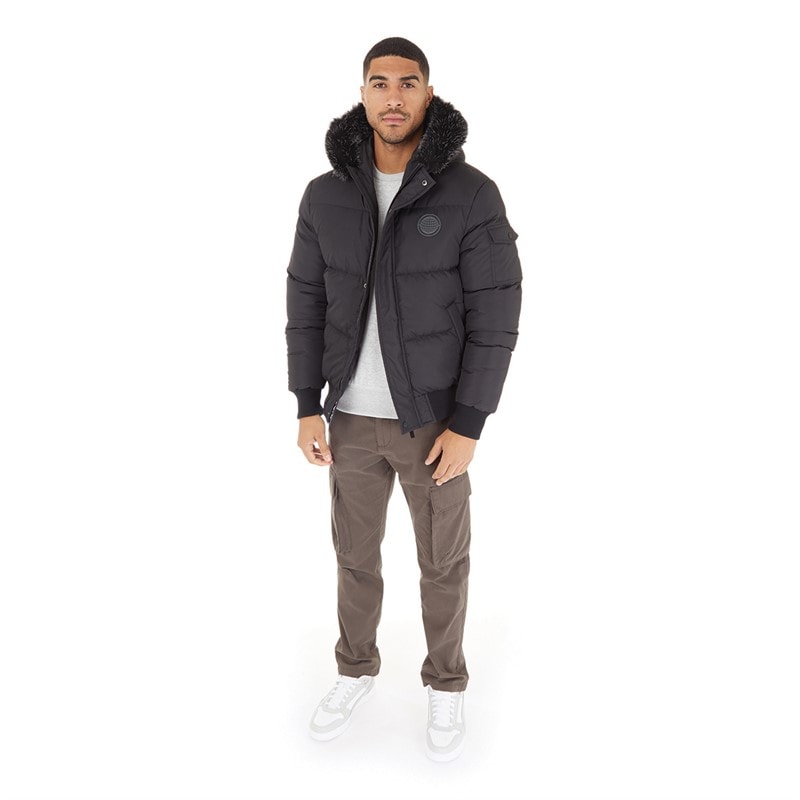 Closure London Heren Pelz Kapuze Puffer Jacke Schwarz - Afbeelding 4