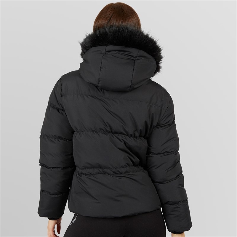 Closure London Dames Puffer met Verstelbare Taille en Nepbont Capuchon Zwart - Afbeelding 2