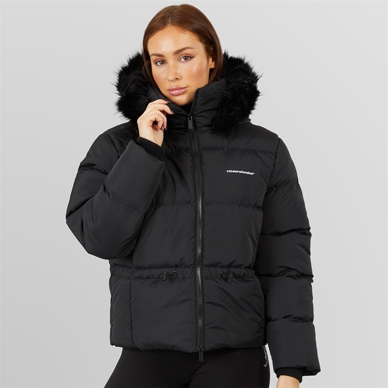 Closure London Dames Puffer met Verstelbare Taille en Nepbont Capuchon Zwart - Afbeelding 3