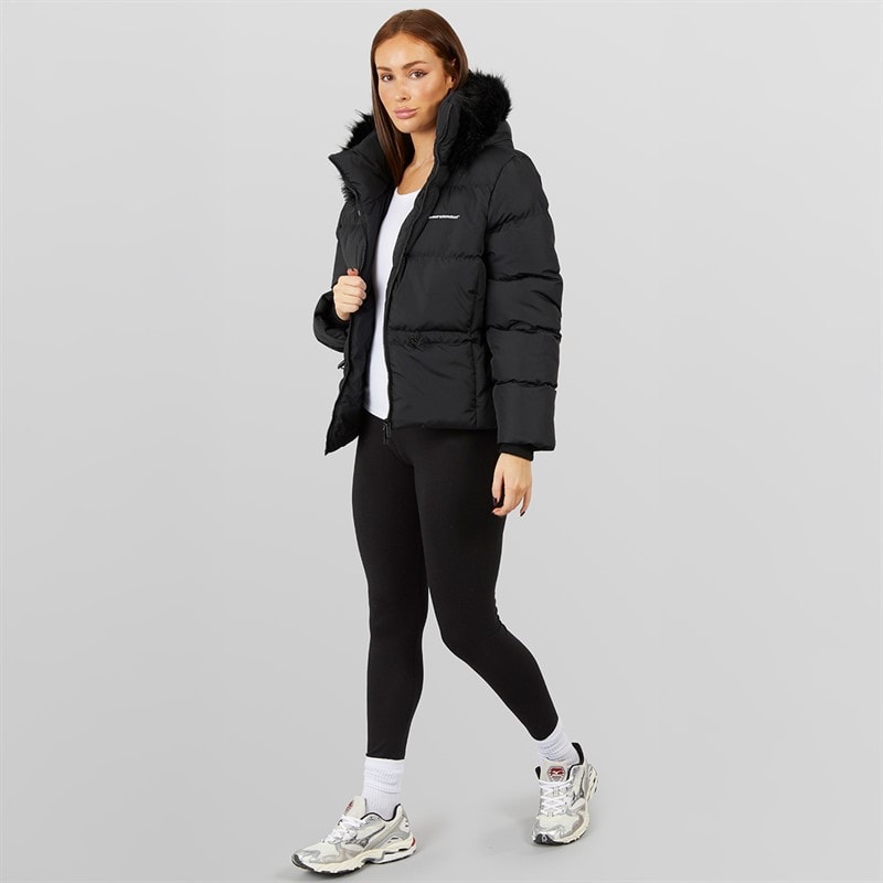 Closure London Dames Puffer met Verstelbare Taille en Nepbont Capuchon Zwart - Afbeelding 4