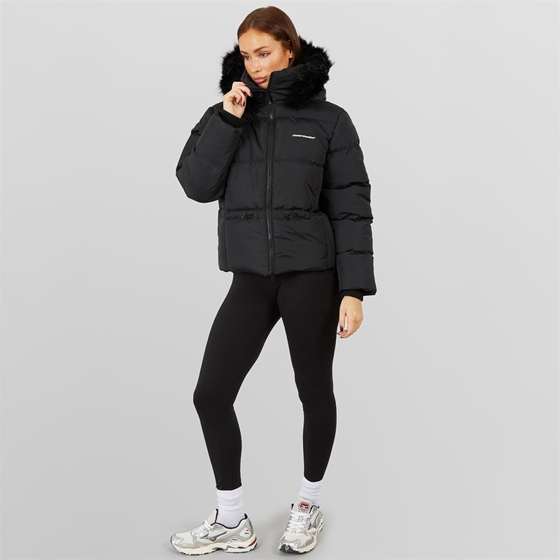 Closure London Dames Puffer met Verstelbare Taille en Nepbont Capuchon Zwart - Afbeelding 5