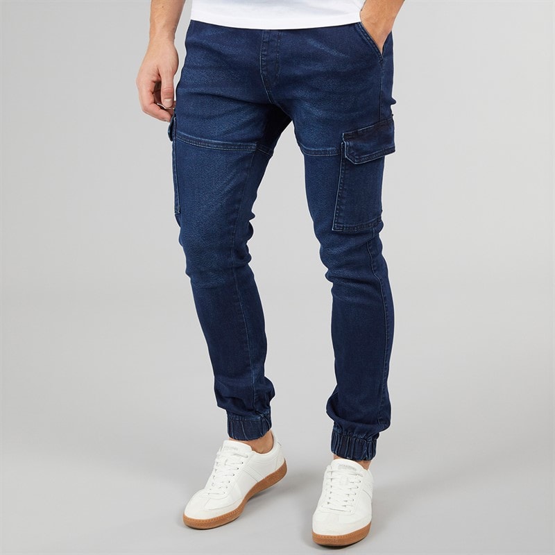 Crosshatch Heren Malimore Denim Cuffed Cargo Broek Donkere Wassing - Afbeelding 1