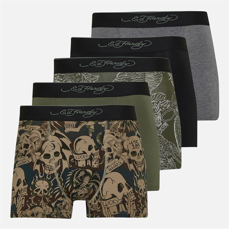 Ed Hardy Herren Harkness Fünferpack Boxershorts Khaki/Khaki Aop/Charcoal Marl/Camo Aop/Schwarz - Bild 1