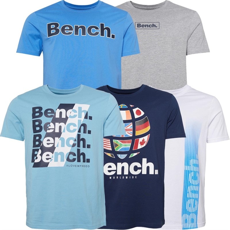 Bench Heren Kibbin T-shirts 5-Pack Denim Blauw/Grijze Melange/Marine/Wit/IJsblauw