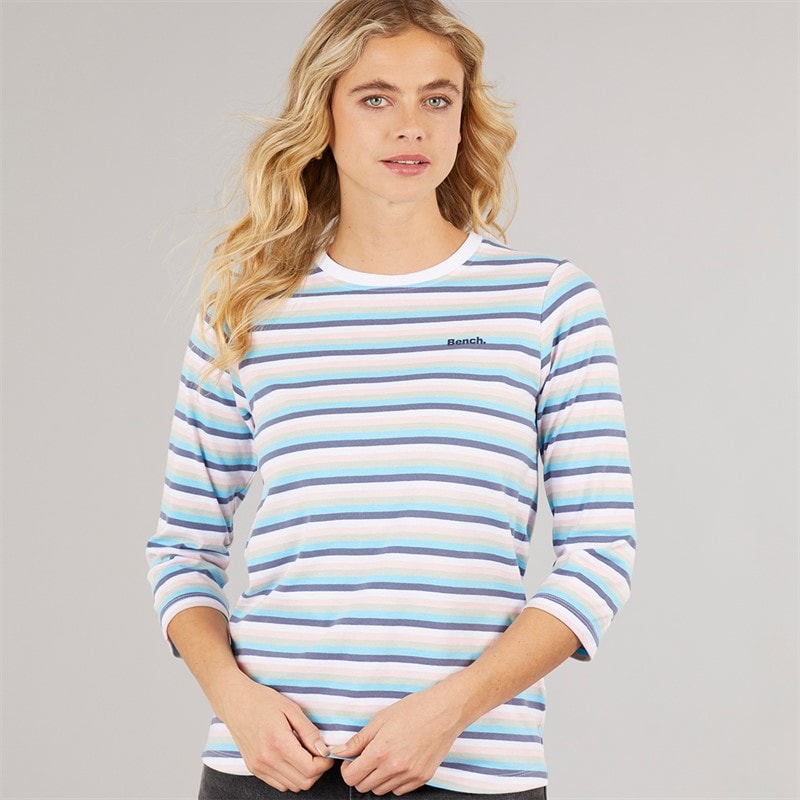 Bench Dames Auborn Langarm T-shirt Wit/Licht Stoflig Roze/Groen/Blauw/Marine Streep - Afbeelding 1