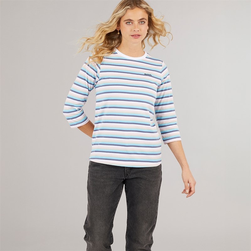 Bench Dames Auborn Langarm T-shirt Wit/Licht Stoflig Roze/Groen/Blauw/Marine Streep - Afbeelding 5